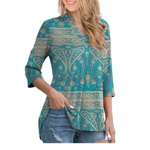 ✨ Othyroce Floral 3/4 Roll-Sleeve Tunic Blouse in Teal Paisley, 2XL ✨